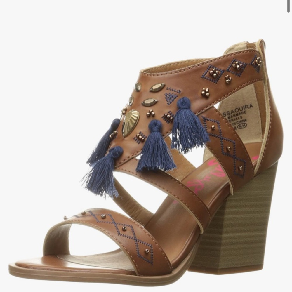 New Jellypop Essaouira boho style heeled sandals size 9 - brown w/ blue tassels